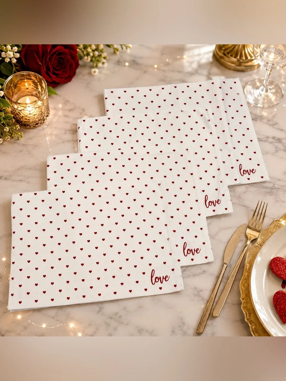 Set of 4 Valentine’s Day Heart Placemats White Red Hearts 100% Cotton 13x16.5in